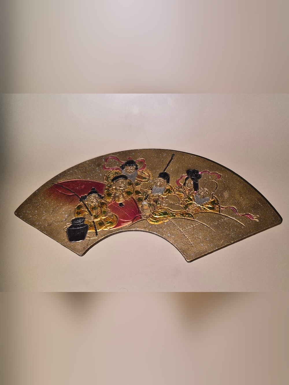 Decorative Fan Plaque with Colorful Embossed Figures